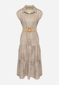 Born2be - Beżowa Sukienka Ozdobiona Plecionym Paskiem i Guzikami Filianea. Okazja: na co dzień. Kolor: beżowy. Materiał: jeans. Wzór: aplikacja. Styl: casual, elegancki #3