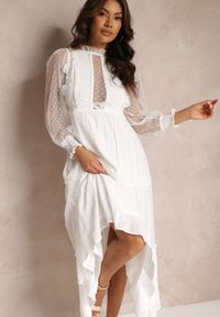 Renee - Biała Sukienka z Bufiastym Rękawem Ozdobiona Tiulowymi Wstawkami Laluna. Kolor: biały. Materiał: tiul. Wzór: aplikacja #4