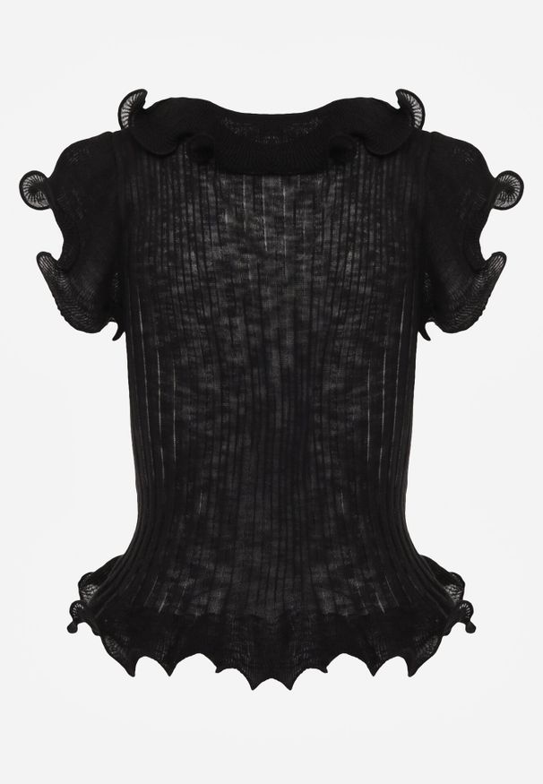 Born2be - Czarna Prążkowana Bluzka z Wiskozą Ozdobiona Falbanami Delestra. Okazja: na co dzień, na spotkanie biznesowe. Kolor: czarny. Materiał: prążkowany, wiskoza. Wzór: aplikacja. Styl: casual, biznesowy, elegancki