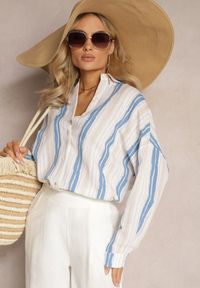 Renee - Beżowo-Niebieska Casualowa Koszula z Bawełny w Paski Sileata. Okazja: na co dzień. Kolor: beżowy. Materiał: bawełna. Wzór: paski. Styl: casual