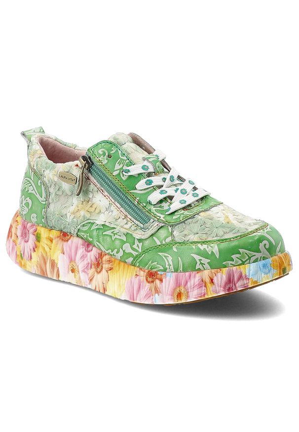 Sneakersy damskie Laura Vita, ze skóry naturalnej z kontrastowym nadrukiem i dekoracyjnym zamkiem z boku, zielone, 62 SL26803-62H. Zapięcie: zamek. Kolor: zielony. Materiał: skóra. Szerokość cholewki: normalna. Wzór: nadruk. Sezon: wiosna, lato