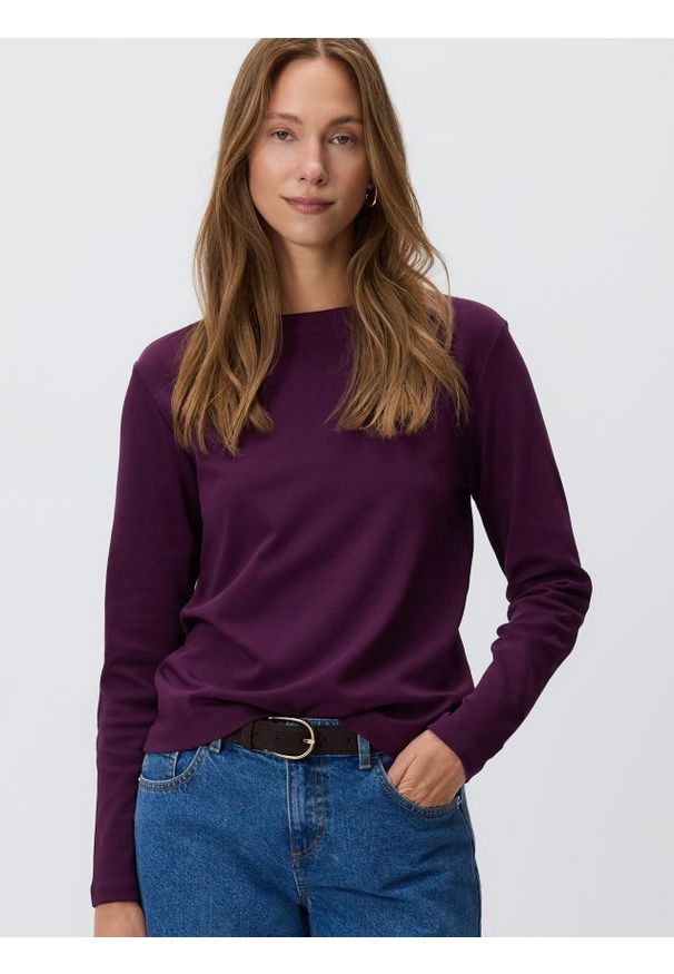 Reserved - Longsleeve z merceryzowanej bawełny - ciemnofioletowy. Kolor: fioletowy. Materiał: bawełna. Długość rękawa: długi rękaw
