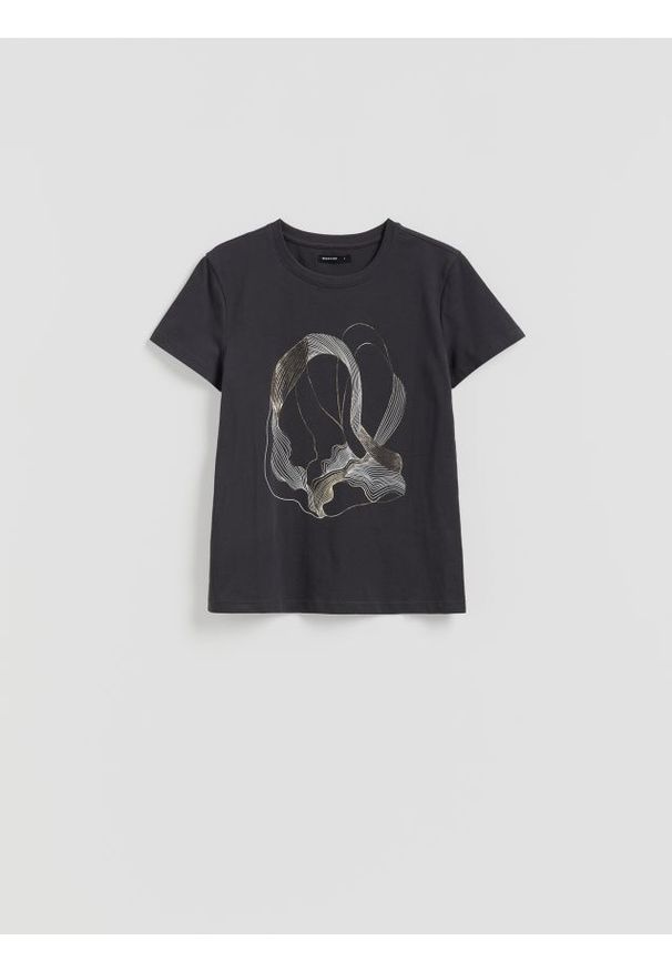 Reserved - Bawełniany t-shirt z nadrukiem - ciemnoszary. Kolor: szary. Materiał: bawełna. Wzór: nadruk