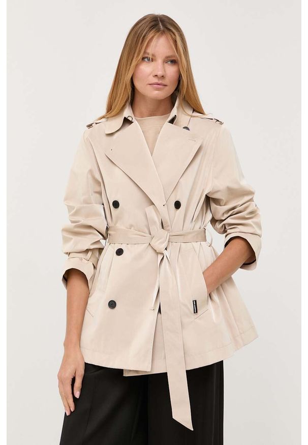 Karl Lagerfeld płaszcz damski kolor beżowy przejściowy oversize. Kolor: beżowy. Styl: klasyczny
