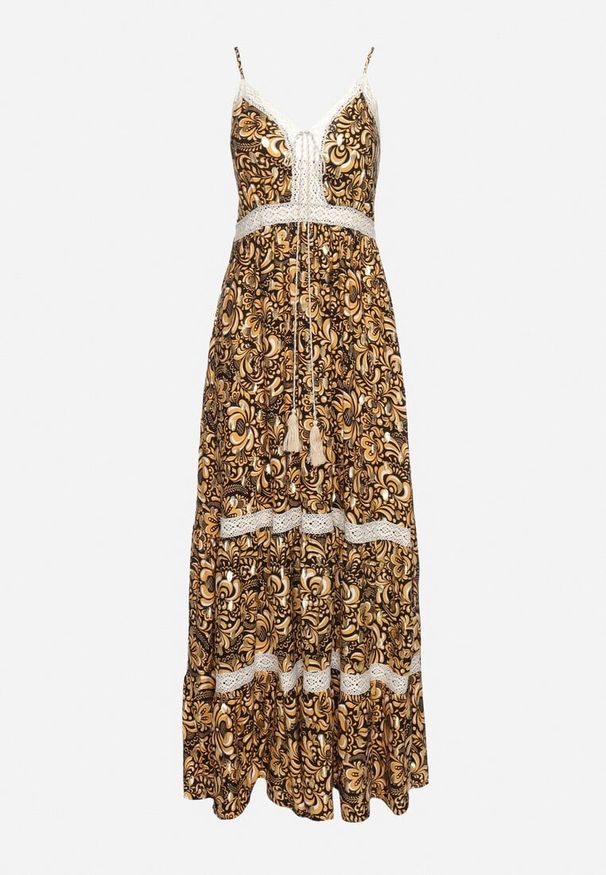 Born2be - Czarno-Żółta Rozkloszowana Sukienka z Bawełny na Cienkich Ramiączkach z Gumką w Pasie i Haftem Xuretta. Okazja: na spacer, na imprezę. Typ kołnierza: dekolt w kształcie V. Kolor: czarny. Materiał: bawełna. Długość rękawa: na ramiączkach. Wzór: haft. Sezon: lato. Styl: boho