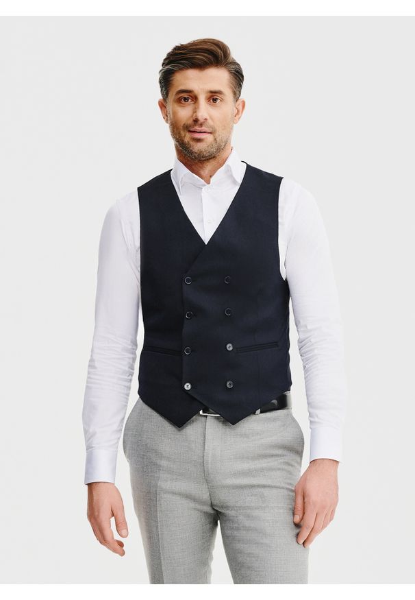 Pako Lorente - PAKO LORENTE – Granatowa dwurzędowa kamizelka męska. Okazja: na studniówkę. Kolor: niebieski, czarny. Materiał: poliester, elastan, wiskoza. Styl: elegancki, młodzieżowy