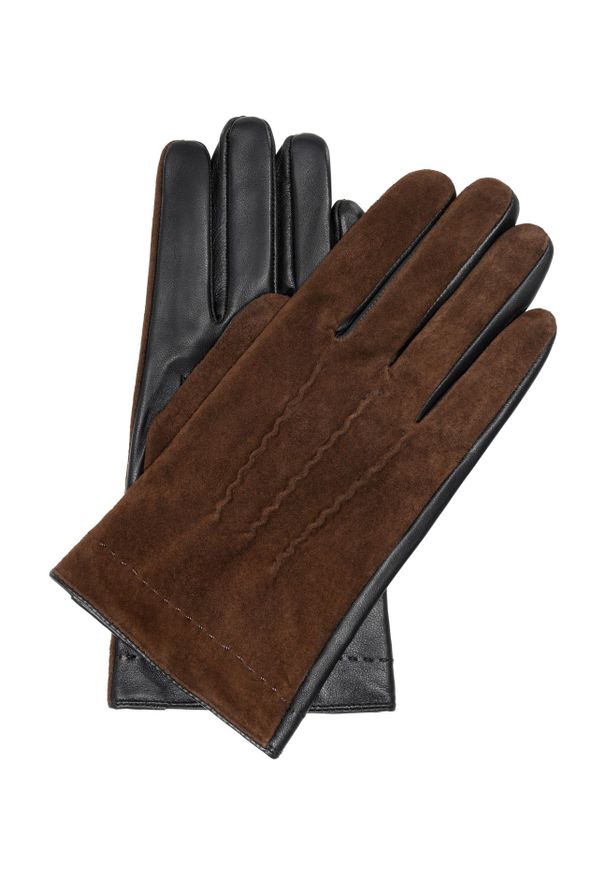Ochnik - Brązowe ocieplane skórzane rękawiczki męskie. Kolor: brązowy. Materiał: skóra. Wzór: aplikacja