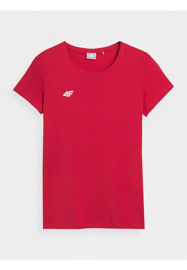 4f - 4F T-shirt slim gładki damski - czerwony XL. Okazja: na co dzień. Kolor: czerwony. Materiał: bawełna, dzianina, jersey. Długość rękawa: krótki rękaw. Długość: krótkie. Wzór: gładki. Styl: klasyczny, casual, sportowy