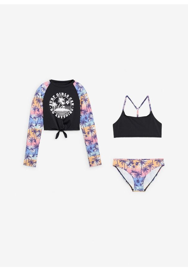 bonprix - Bikini + shirt kąpielowy (3 części). Kolor: czarny