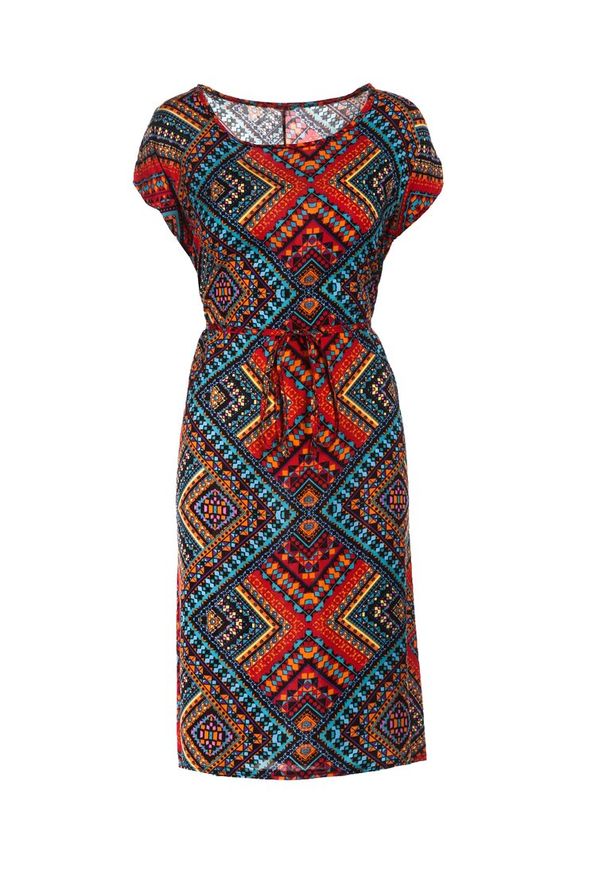 Born2be - Czerwona Sukienka Malithera. Typ kołnierza: kokarda. Kolor: czerwony. Materiał: materiał. Typ sukienki: proste. Styl: wakacyjny. Długość: midi