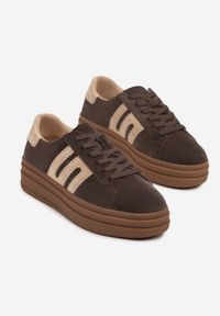 Born2be - Ciemnobrązowe Zamszowe Sneakersy na Grubej Podeszwie ze Skórzaną Wkładką i Naszywką Rilaressa. Okazja: na co dzień. Kolor: brązowy. Materiał: zamsz, skóra. Wzór: aplikacja #3