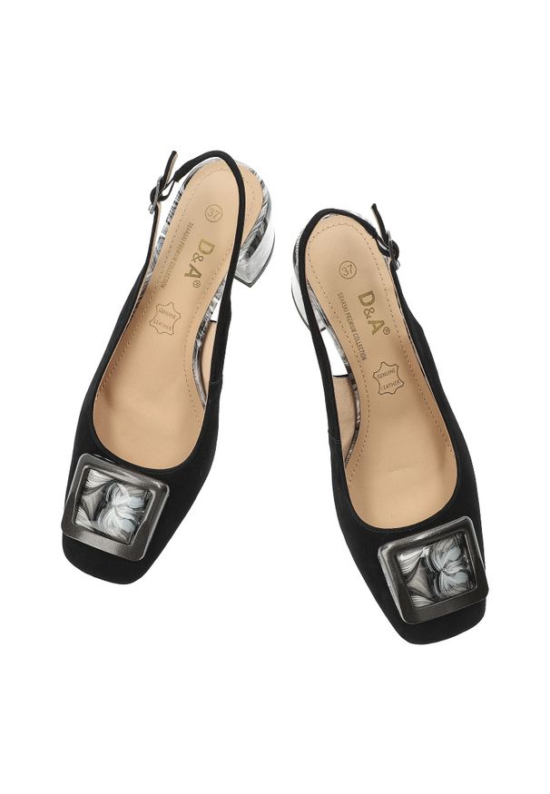 Czółenka damskie S.Barski, ze skóry naturalnej zamszowej odkryta pięta pasek z regulacją ozdobna klamra stabilny obcas elegancki styl, czarne, LZ61-2. Okazja: na spotkanie biznesowe. Zapięcie: klamry. Kolor: czarny. Materiał: zamsz, skóra. Szerokość cholewki: normalna. Obcas: na obcasie. Styl: elegancki. Wysokość obcasa: średni