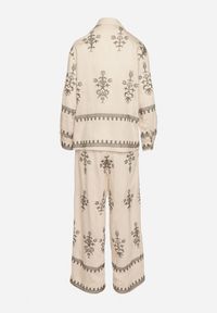 Born2be - Beżowy Komplet z Wiskozy w Stylu Boho Koszula i Spodnie Zdobione Haftem Sarhiris. Kolor: beżowy. Materiał: wiskoza. Wzór: aplikacja, haft
