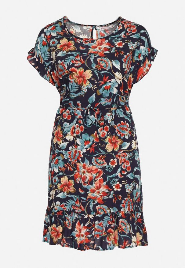 Born2be - Granatowa Bawełniana Sukienka w Kwiaty o Pudełkowym Fasonie ze Sznurkiem w Talii Risallise. Okazja: na spacer, na imprezę. Kolor: niebieski. Materiał: bawełna. Długość rękawa: krótki rękaw. Wzór: kwiaty. Styl: retro, wizytowy