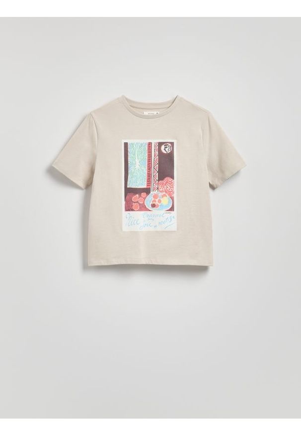 Reserved - Bawełniany t-shirt z nadrukiem - beżowy. Kolor: beżowy. Materiał: bawełna. Wzór: nadruk
