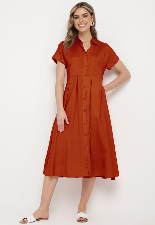 Born2be - Pomarańczowa Koszulowa Sukienka z Lnem i Wiskozą Ircilla. Okazja: na spacer. Kolor: pomarańczowy. Materiał: len, wiskoza. Długość rękawa: krótki rękaw. Sezon: lato. Typ sukienki: koszulowe
