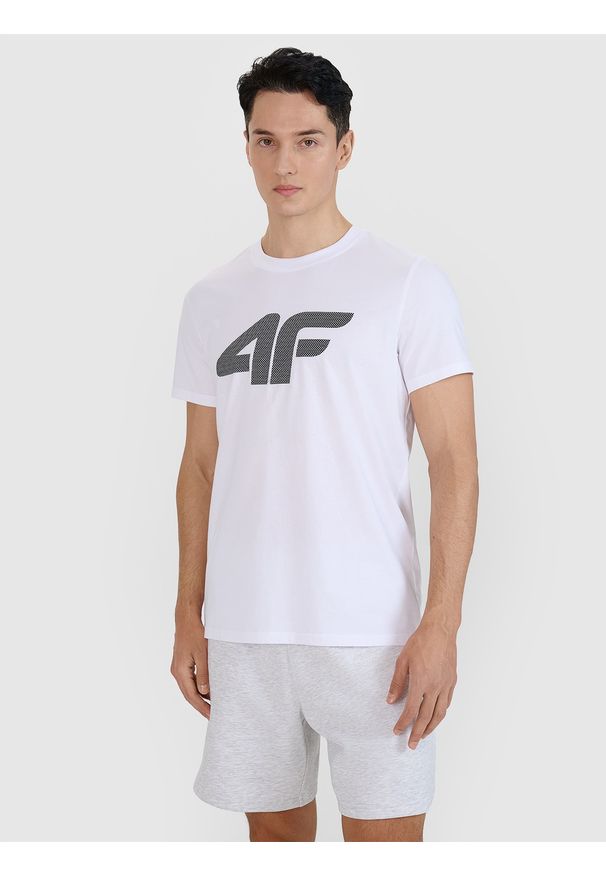 4f - 4F T-shirt regular z nadrukiem męski - biały L. Okazja: na co dzień. Kolor: biały. Materiał: bawełna, dzianina, jersey. Długość rękawa: krótki rękaw. Długość: krótkie. Wzór: nadruk. Styl: klasyczny, casual, sportowy
