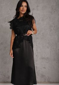 Renee - Czarny Bawełniano-Wiskozowy Komplet z Koronkową Bluzką i Satynową Sukienką Peisiete. Kolor: czarny. Materiał: satyna, bawełna, wiskoza, koronka. Wzór: koronka #2