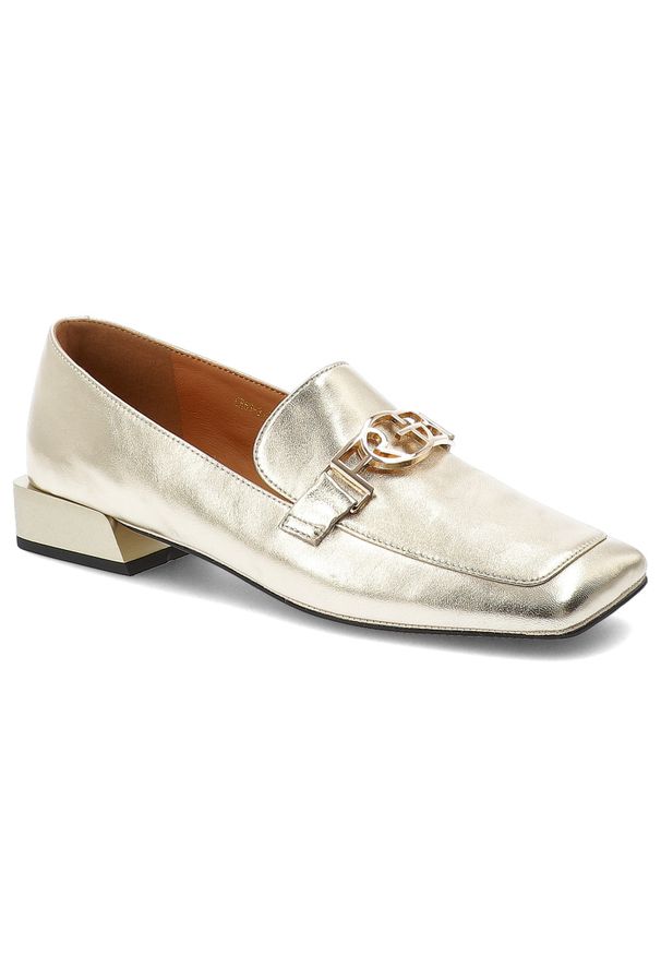 Półbuty damskie S.Barski, cholewka skóra naturalna metalizowana niski fason zaokrąglony nosek ozdobny metalowy element na podbiciu stabilny obcas blo. Kolor: złoty. Materiał: skóra. Szerokość cholewki: normalna. Obcas: na obcasie. Styl: glamour, klasyczny, elegancki. Wysokość obcasa: niski