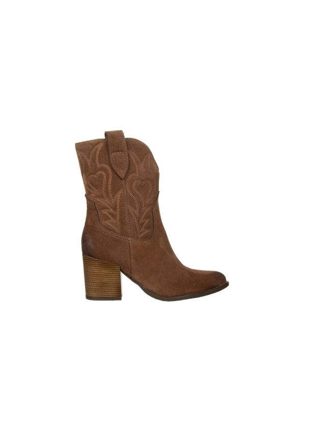 Botki Bayla-159 4910 008-P C Rudy Welur 159175, Skóra naturalna - 40. Okazja: na co dzień. Kolor: brązowy. Materiał: zamsz. Szerokość cholewki: normalna. Obcas: na obcasie. Styl: elegancki, casual. Wysokość obcasa: średni