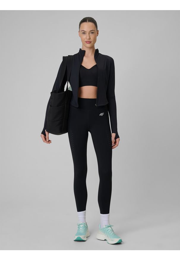 4f - 4F Biustonosz treningowy z wysokim wsparciem damski - czarny L. Kolor: czarny. Materiał: guma, skóra. Sport: fitness