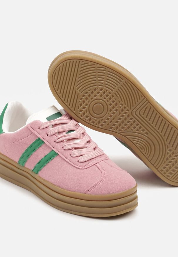 Born2be - Ciemnoróżowe Sneakersy na Platformie z Minimalistycznymi Przeszyciami Teritha. Zapięcie: sznurówki. Kolor: różowy. Materiał: jeans. Wzór: aplikacja. Obcas: na platformie