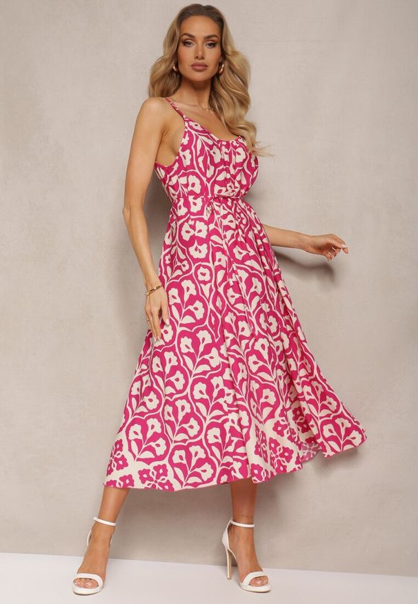 Renee - Fuksjowa Trapezowa Sukienka Ściągana Troczkiem na Ramiączkach Illseta. Okazja: na randkę, na co dzień. Kolor: różowy. Materiał: jeans. Długość rękawa: na ramiączkach. Sezon: lato. Typ sukienki: trapezowe. Styl: elegancki, casual