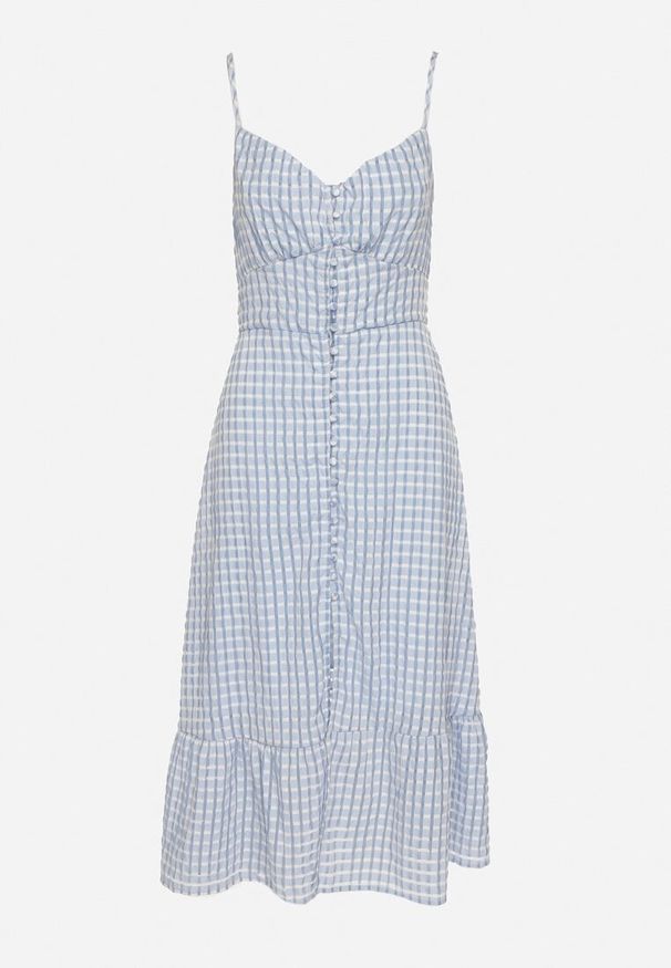 Born2be - Niebieska Sukienka Rozkloszowana na Ramiączkach z Guzikami z Wiskozą Efrinelle. Okazja: na co dzień. Typ kołnierza: dekolt w kształcie V. Kolor: niebieski. Materiał: wiskoza. Długość rękawa: na ramiączkach. Typ sukienki: rozkloszowane. Styl: casual, elegancki