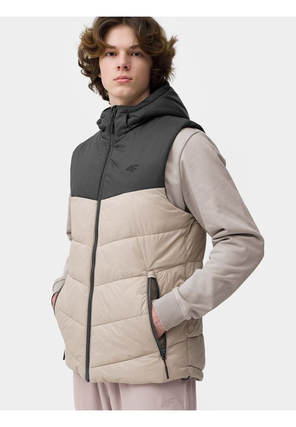 4f - Bezrękawnik puchowy z wypełnieniem syntetycznym męski. Kolor: beżowy. Materiał: syntetyk, puch. Długość rękawa: bez rękawów