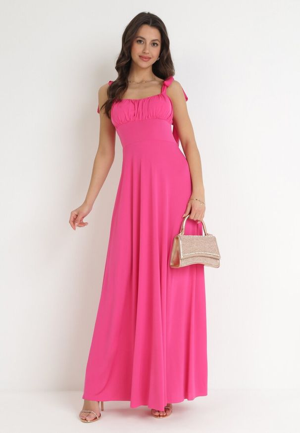 Born2be - Ciemnoróżowa Rozkloszowana Sukienka Maxi z Wiązanymi Ramiączkami Lisija. Kolor: różowy. Długość rękawa: na ramiączkach. Styl: elegancki. Długość: maxi