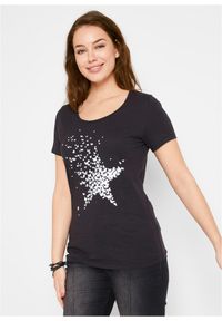 bonprix - Shirt z przędzy mieszankowej, krótki rękaw. Kolor: czarny. Długość rękawa: krótki rękaw. Długość: krótkie. Wzór: nadruk #1