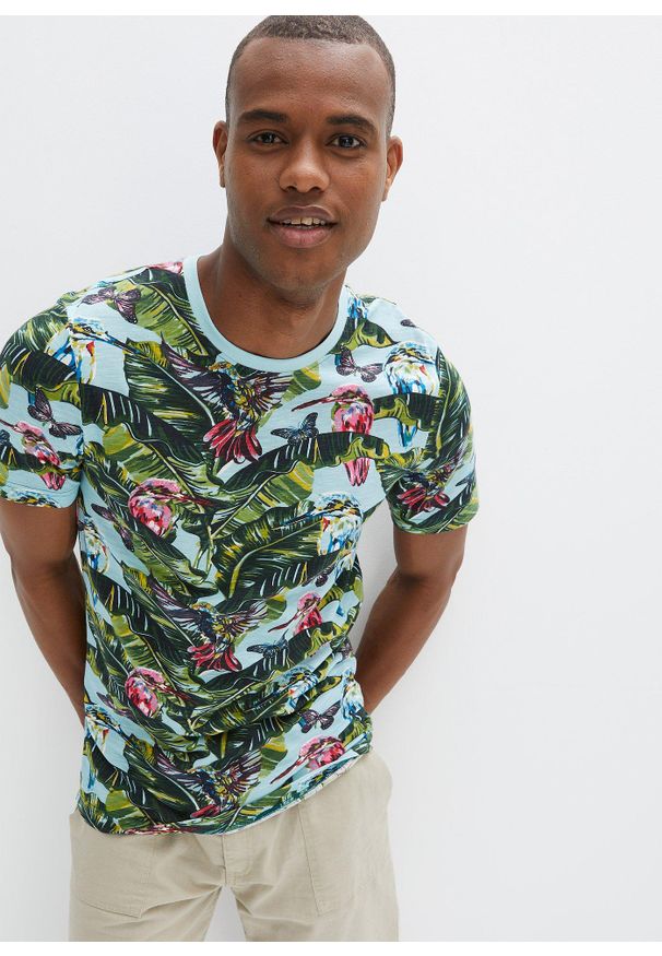 bonprix - T-shirt z czystej bawełny organicznej. Kolor: niebieski. Materiał: bawełna. Wzór: nadruk, aplikacja. Sezon: lato