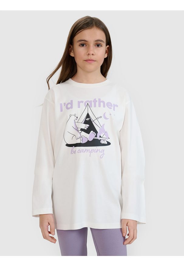 4f - 4F Longsleeve oversize z nadrukiem dziewczęcy - biały 152 (11-12 lat). Okazja: na co dzień. Kolor: biały. Materiał: dzianina, bawełna, jersey. Długość rękawa: długi rękaw. Długość: długie. Wzór: nadruk. Sezon: lato. Styl: klasyczny, sportowy, casual