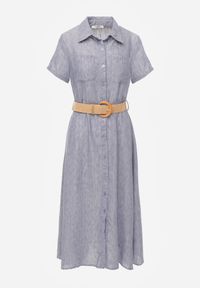 Born2be - Niebieska Sukienka Koszulowa z Krótkim Rękawem i Paskiem z Klamrą Orethea. Okazja: na co dzień. Kolor: niebieski. Materiał: materiał. Długość rękawa: krótki rękaw. Wzór: aplikacja. Typ sukienki: koszulowe. Styl: casual, elegancki #6