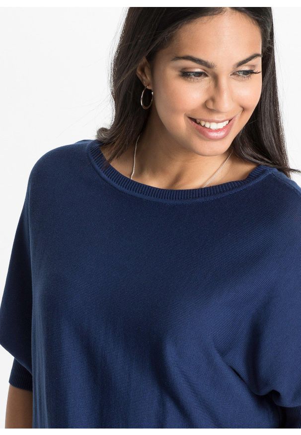 bonprix - Sweter z cienkiej dzianiny z mieszanki bawełny. Kolor: niebieski. Materiał: bawełna, dzianina. Długość rękawa: krótki rękaw. Długość: krótkie. Wzór: ze splotem, gładki