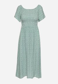 Born2be - Zielona Rozkloszowana Sukienka Hiszpanka z Bawełny w Kwiatowy Wzór Sadrivae. Okazja: na co dzień. Typ kołnierza: dekolt hiszpanka. Kolor: zielony. Materiał: bawełna. Wzór: kwiaty. Styl: klasyczny, casual #2