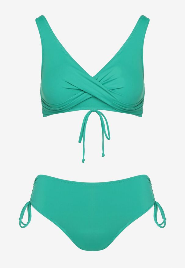 Born2be - Ciemnozielone Bikini Majtki Typu Figi i Biustonosz z Ozdobnym Wiązaniem Kinnavia. Kolor: zielony