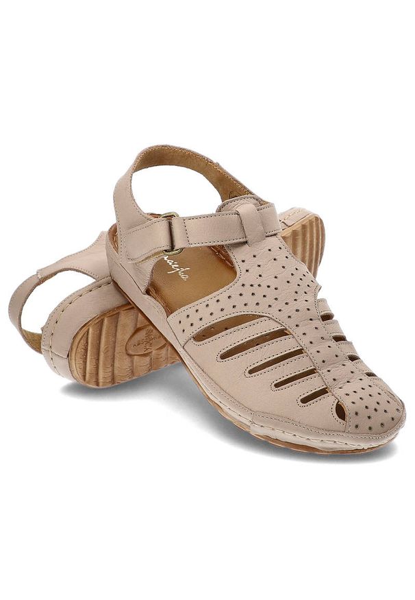 Beżowe Sandały Maciejka Skórzane Buty Damskie. Okazja: na co dzień. Zapięcie: rzepy. Kolor: beżowy. Materiał: skóra. Wzór: ażurowy. Sezon: lato. Styl: casual, klasyczny