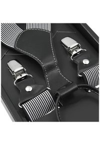 Modini - Czarne szelki w białe paski SZ54. Kolor: wielokolorowy, czarny, biały. Materiał: skóra, guma. Wzór: paski #1