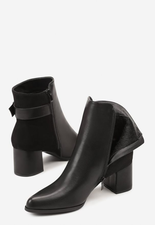 Renee - Czarne Botki na Słupku Ozdobione Metaliczną Aplikacją Nalluvia. Okazja: na co dzień. Kolor: czarny. Materiał: skóra. Wzór: aplikacja. Obcas: na słupku. Styl: casual, elegancki, klasyczny