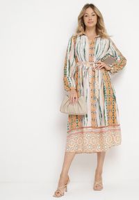 Born2be - Beżowa Sukienka Koszulowa z Mozaikowym Wzorem i Wiązanym Paskiem Lilimea. Okazja: na co dzień. Kolor: beżowy. Materiał: tkanina, jeans. Typ sukienki: koszulowe. Styl: casual, elegancki, klasyczny #3