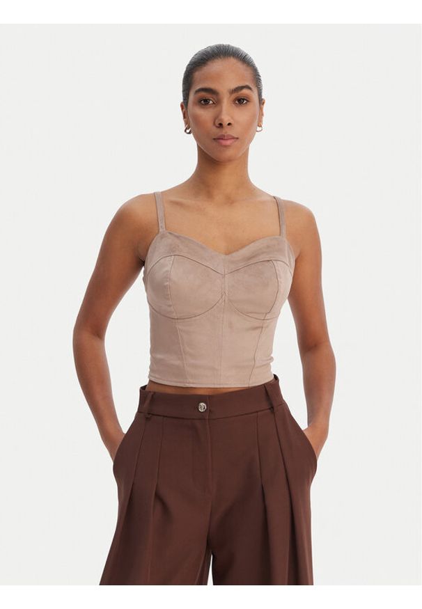 Guess Top W6RH03 WJ472 Beżowy Slim Fit. Kolor: beżowy. Materiał: syntetyk