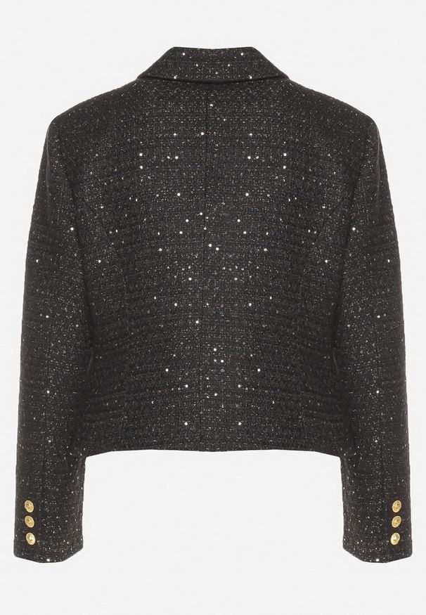 Born2be - Czarna Dwurzędowa Marynarka Taliowana w Tweedowym Stylu z Imitacją Kieszeni Liolia. Okazja: na co dzień. Kolor: czarny. Styl: casual, elegancki