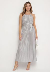 Born2be - Szara Plisowana Sukienka na Cienkich Ramiączkach Wiązana w Talii Virsea. Okazja: na wesele, na studniówkę, na ślub cywilny. Kolor: szary. Długość rękawa: na ramiączkach. Styl: klasyczny #6