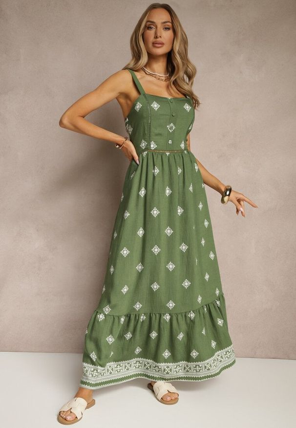 Renee - Zielona Sukienka z Wiskozą o Rozkloszowanym Kroju na Ramiączkach w Boho Print Leaella. Okazja: na co dzień. Typ kołnierza: dekolt kwadratowy. Kolor: zielony. Materiał: wiskoza. Długość rękawa: na ramiączkach. Wzór: nadruk. Typ sukienki: rozkloszowane. Styl: boho