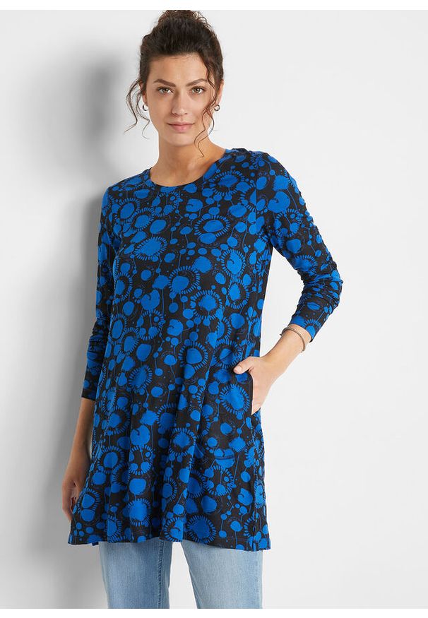 bonprix - Tunika z mieszanki wiskozy. Kolor: niebieski. Materiał: wiskoza. Długość rękawa: długi rękaw. Długość: długie. Wzór: nadruk