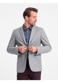 Ombre Clothing - Klasyczna marynarka męska z kieszenią na poszetkę - szara V1 - Rozmiar: M. Kolor: szary. Materiał: poliester. Styl: klasyczny