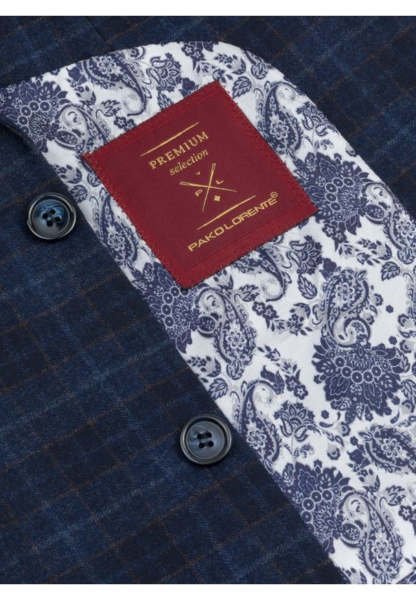 Pako Lorente - PAKO LORENTE – Granatowa marynarka w drobną kratkę. Okazja: na co dzień. Kolor: niebieski. Materiał: wełna, elastan, poliester. Wzór: kratka. Styl: casual