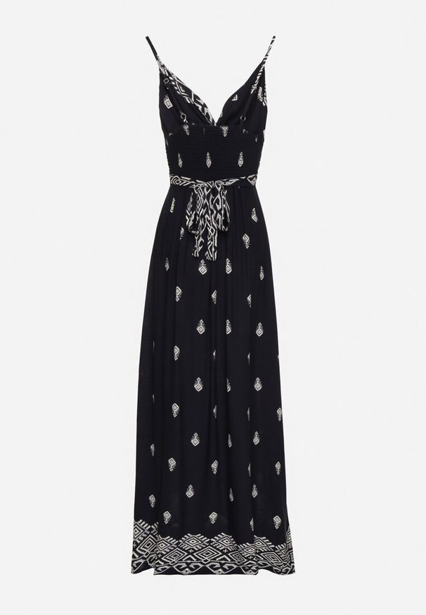 Born2be - Granatowa Bawełniana Sukienka Rozkloszowana z Kopertowym Dekoltem i Wiązaniem Revevra. Okazja: na randkę, na co dzień. Typ kołnierza: dekolt kopertowy. Kolor: niebieski. Materiał: bawełna. Długość rękawa: na ramiączkach. Typ sukienki: kopertowe. Styl: casual