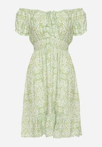 Born2be - Jasnozielona Wiskozowa Sukienka Hiszpanka z Gumką w Talii z Materiałowym Paskiem i Falbanką Tiamanthea. Okazja: na co dzień. Typ kołnierza: dekolt hiszpanka. Kolor: zielony. Materiał: materiał, wiskoza. Typ sukienki: proste. Styl: casual #6